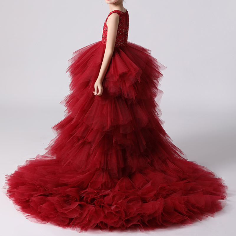Red Burgundy A-Line Princess Flower Girl Dress with Lace Ruffles
