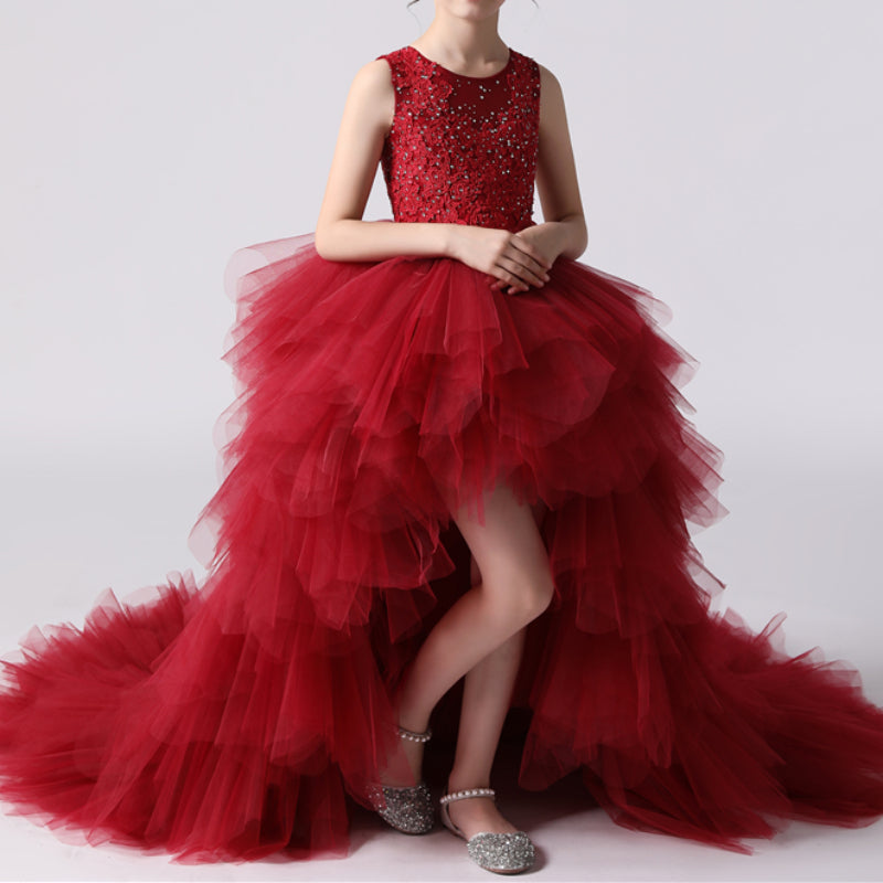 Red Burgundy A-Line Princess Flower Girl Dress with Lace Ruffles