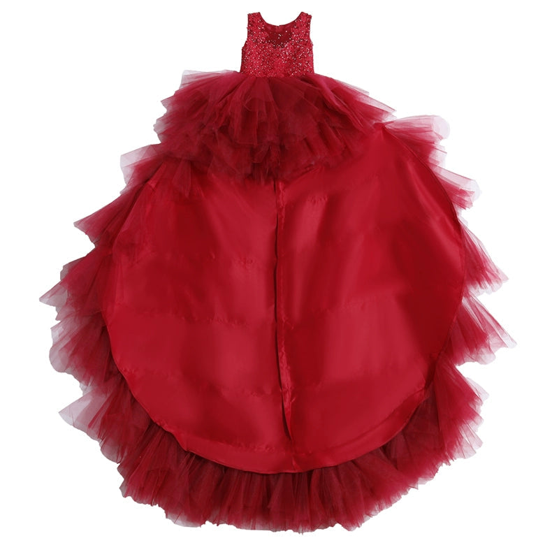 Red Burgundy A-Line Princess Flower Girl Dress with Lace Ruffles