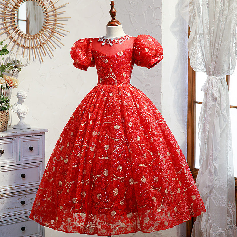 Red Lace A-Line Flower Girl Dress Short Puff Sleeve Bow Floor