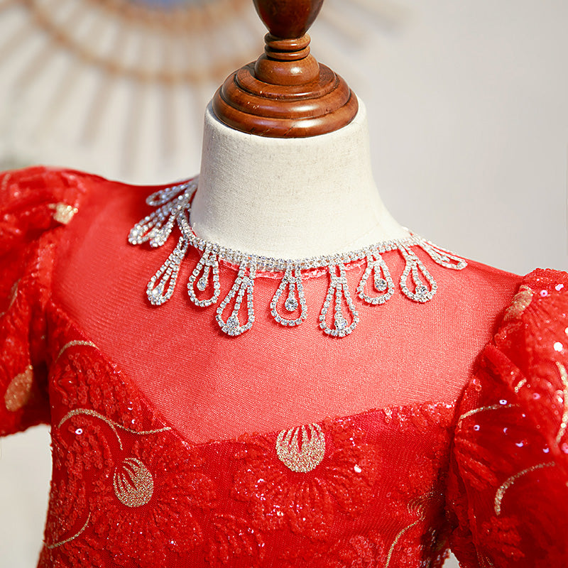 Red Lace A-Line Flower Girl Dress Short Puff Sleeve Bow Floor