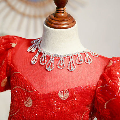 Red Lace A-Line Flower Girl Dress Short Puff Sleeve Bow Floor