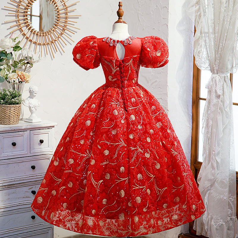 Red Lace A-Line Flower Girl Dress Short Puff Sleeve Bow Floor