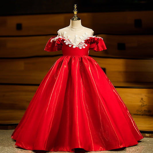 Red Organza A-Line Flower Girl Dress with Lace & Cold Shoulder
