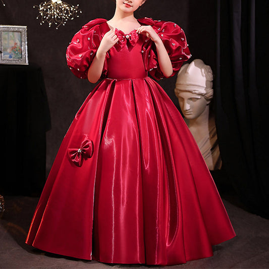 Red Organza A-Line Flower Girl Dress with Puff Sleeves