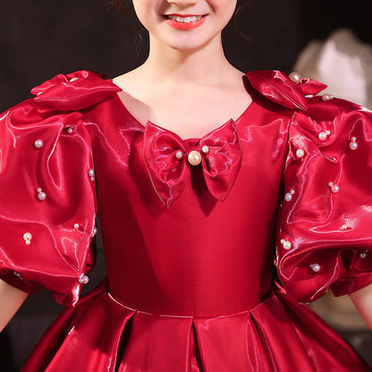 Red Organza A-Line Flower Girl Dress with Puff Sleeves