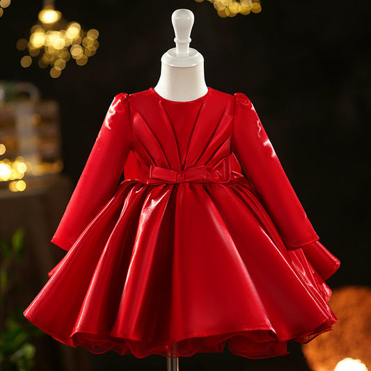Red Organza Ball Gown Dress for Girls with Bow – Christmas & Birthday Special