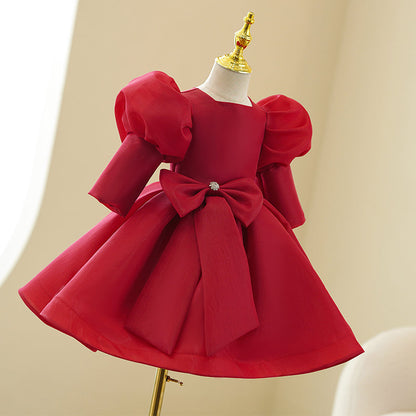 Red Organza Princess Flower Girl Dress Square Neck Bow