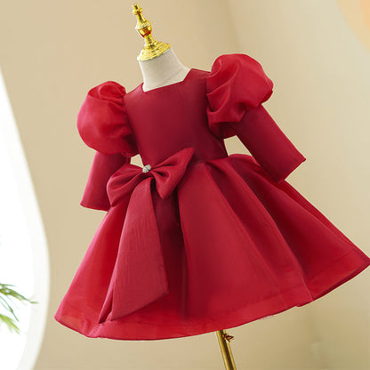 Red Organza Princess Flower Girl Dress Square Neck Bow