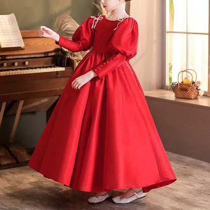 Red Princess Flower Girl Dress: Boat Neck Lantern Sleeve