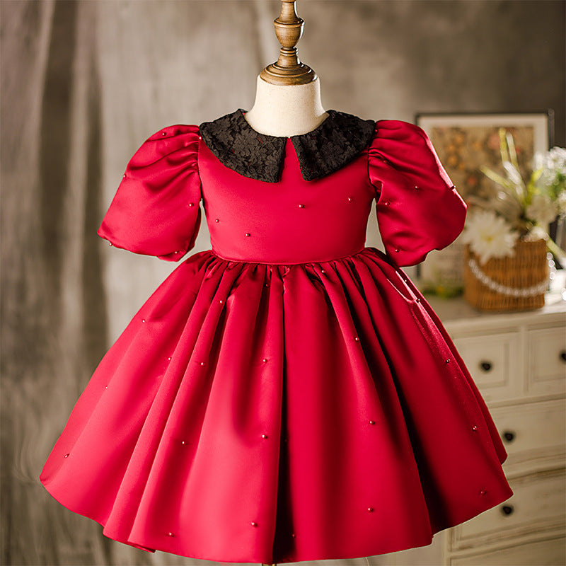 Red Princess Flower Girl Dress: Collared Neck Puff Sleeve