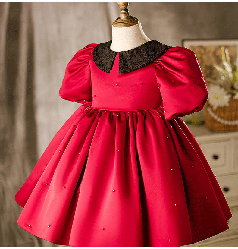 Red Princess Flower Girl Dress: Collared Neck Puff Sleeve