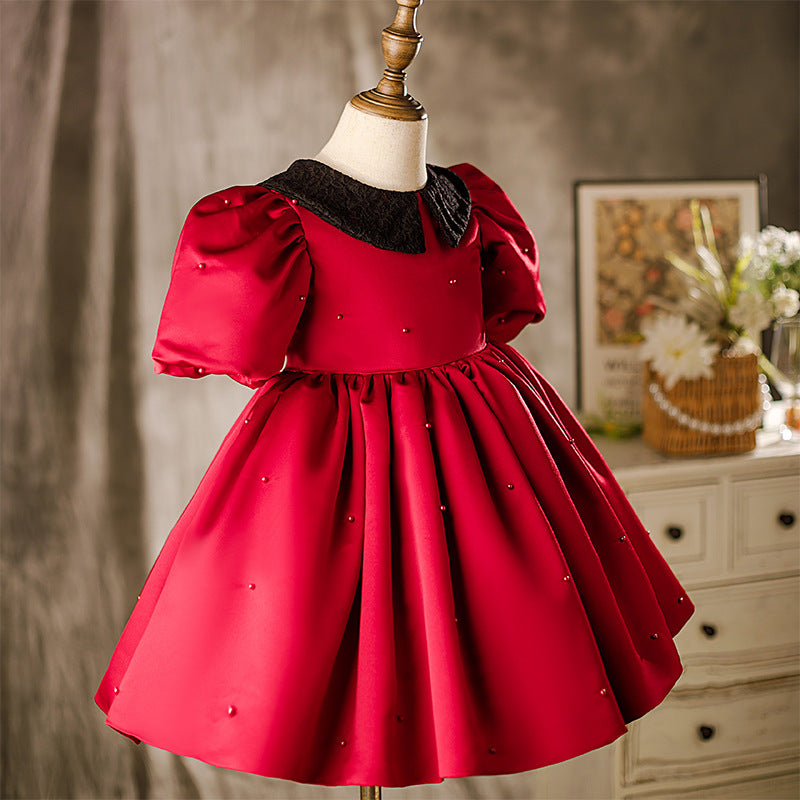 Red Princess Flower Girl Dress: Collared Neck Puff Sleeve
