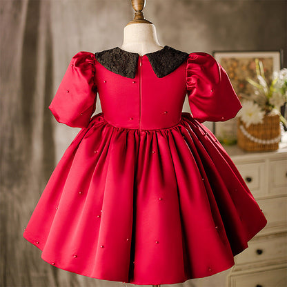 Red Princess Flower Girl Dress: Collared Neck Puff Sleeve