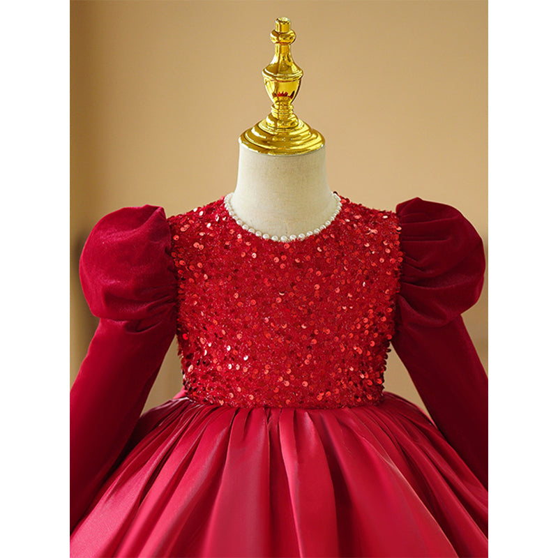 Red Sequin Princess Dress for Girls | Satin Long Sleeve Knee-Length Holiday Outfit