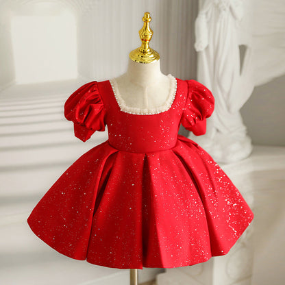 Red Princess Satin Flower Girl Dress Beaded Sequins