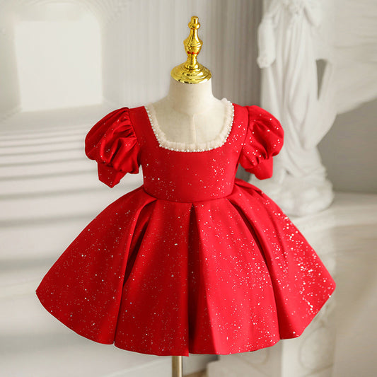 Red Princess Satin Flower Girl Dress Beaded Sequins