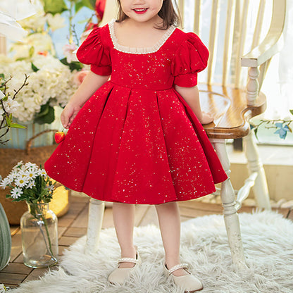 Red Princess Satin Flower Girl Dress Beaded Sequins