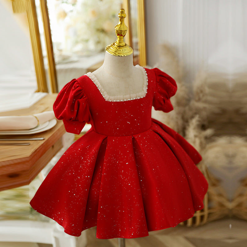 Red Princess Satin Flower Girl Dress Beaded Sequins