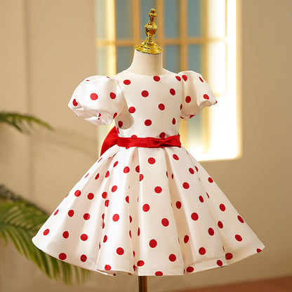 Red Princess Satin Flower Girl Dress - Puff Sleeve, Tea Length