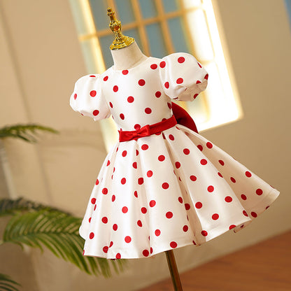 Red Princess Satin Flower Girl Dress - Puff Sleeve, Tea Length