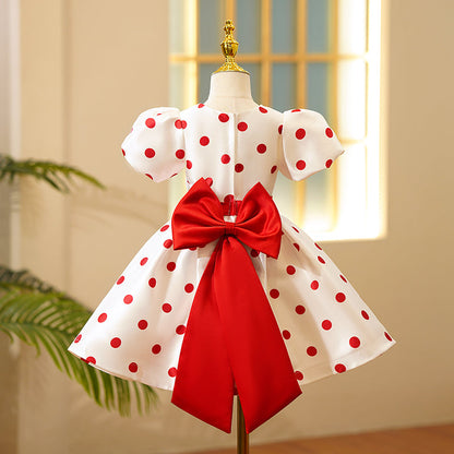 Red Princess Satin Flower Girl Dress - Puff Sleeve, Tea Length