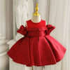 Red Satin A-Line Flower Girl Dress Cold Shoulder Bow Knee