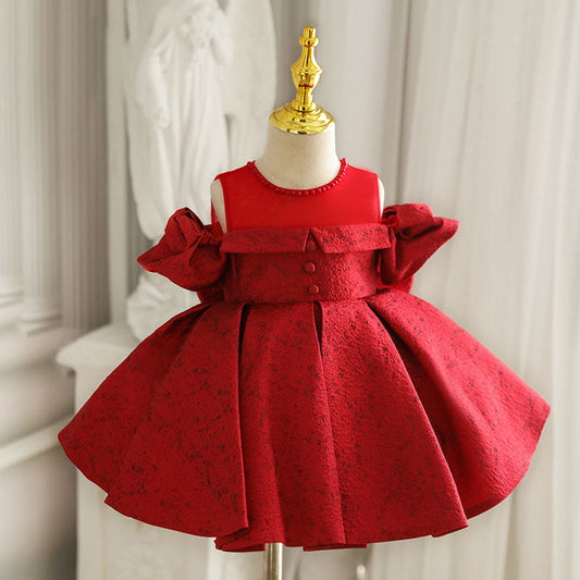 Red Satin A-Line Flower Girl Dress Cold Shoulder Bow Knee
