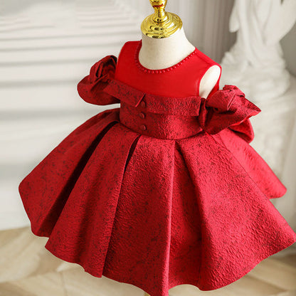 Red Satin A-Line Flower Girl Dress Cold Shoulder Bow Knee