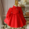 Red Satin A-Line Flower Girl Dress Collared Lantern Sleeves