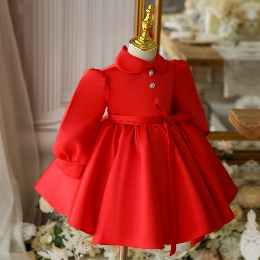 Red Satin A-Line Flower Girl Dress Collared Lantern Sleeves