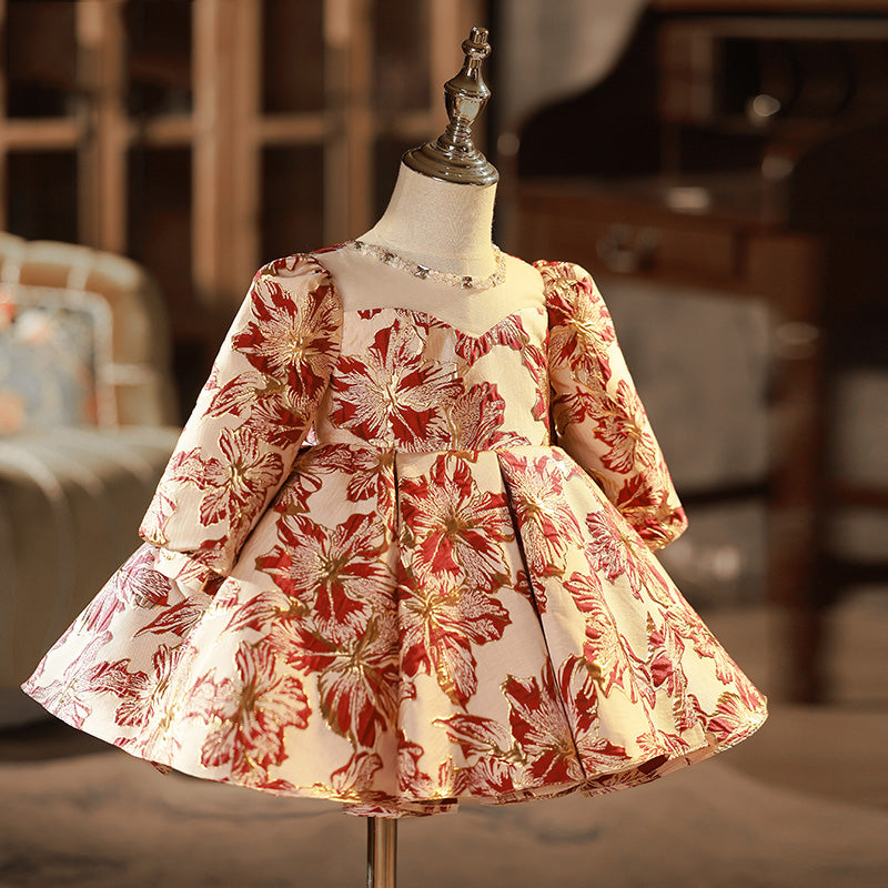 Red Satin A-Line Flower Girl Dress Round Neck Lantern Sleeve