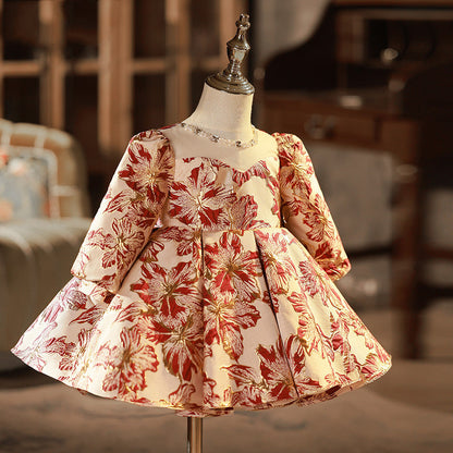 Red Satin A-Line Flower Girl Dress Round Neck Lantern Sleeve