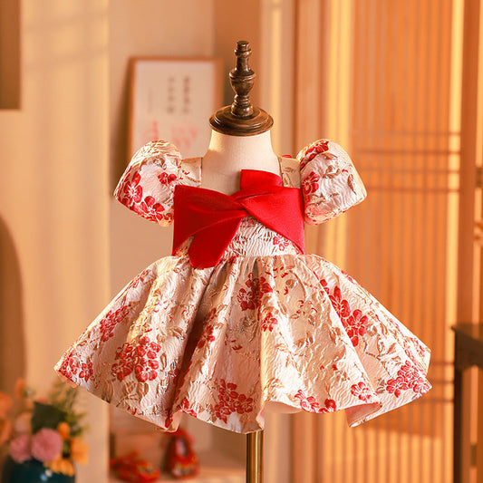 Red Satin A-Line Flower Girl Dress with Floral Puff Sleeves