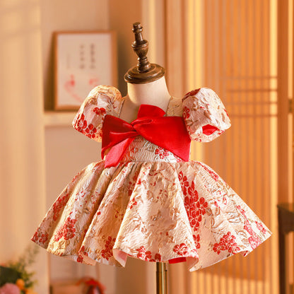 Red Satin A-Line Flower Girl Dress with Floral Puff Sleeves