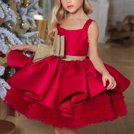 Red Satin A-Line Knee-Length Flower Girl Dress with Bow