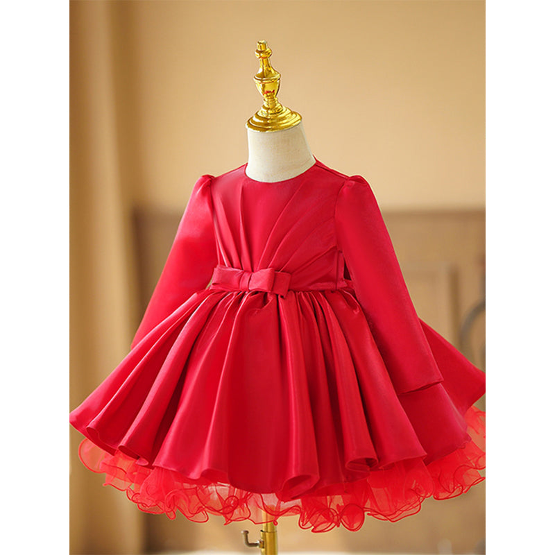 Red Satin Ball Gown Long Sleeve Dress for Girls - Winter Princess Party Dress