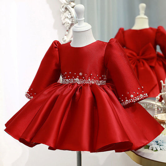 Red Satin Princess Flower Girl Dress Beaded Ruffle Long Sleeve