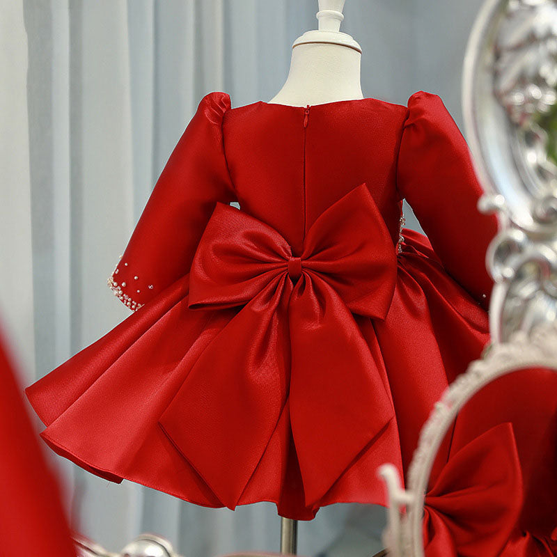 Red Satin Princess Flower Girl Dress Beaded Ruffle Long Sleeve