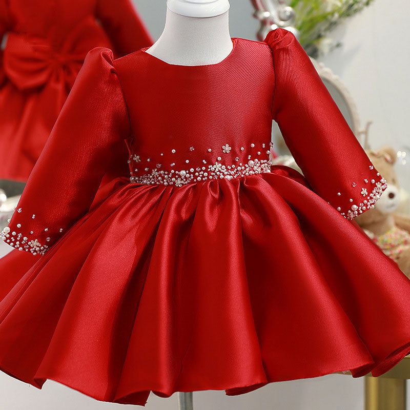 Red Satin Princess Flower Girl Dress Beaded Ruffle Long Sleeve