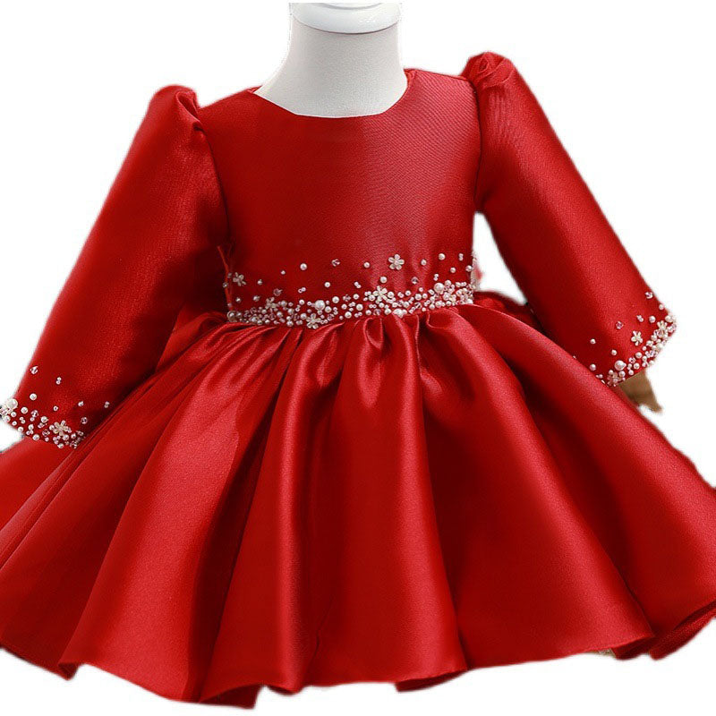 Red Satin Princess Flower Girl Dress Beaded Ruffle Long Sleeve