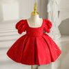 Red Satin Princess Flower Girl Dress Sequin Ruffle Puff Knee