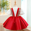 Red Satin Princess Flower Girl Dress Sequin Ruffle Puff Sleeve