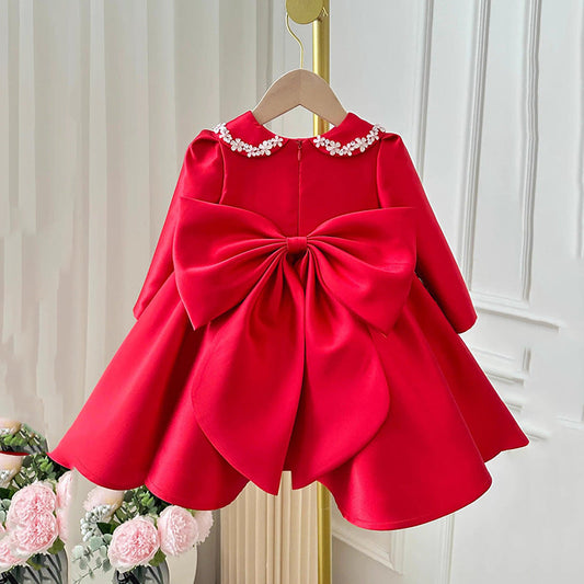 Red Sequin Bow Satin A-Line Dress for Girls, Kids Party & Special Occasion Outfit