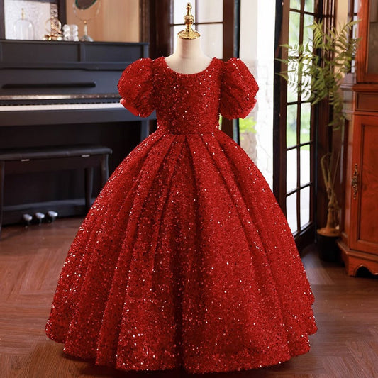 Red Sequin Ball Gown Dress for Girls | Floor Length Birthday & Party Gown