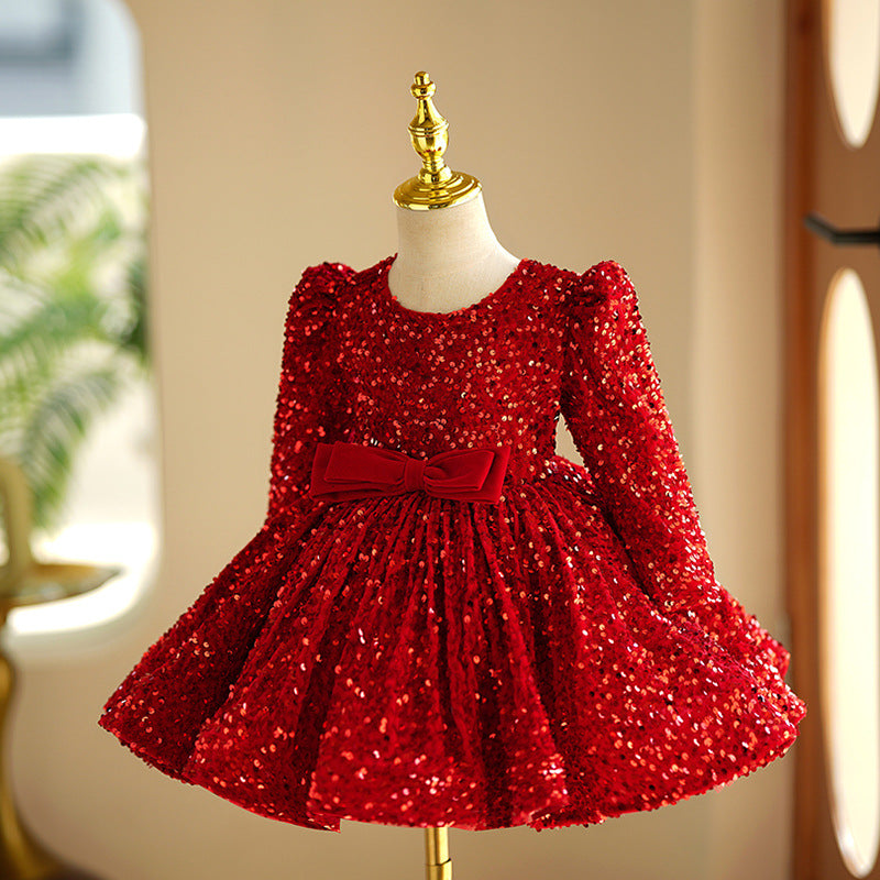 Red Sequin Ball Gown Dress with Long Sleeves for Girls - Holiday & Party Outfit