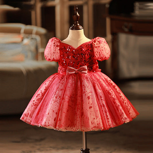 Red Sequin Princess Flower Girl Dress V-Neck Puff Sleeve Bow
