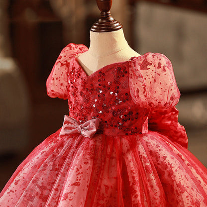 Red Sequin Princess Flower Girl Dress V-Neck Puff Sleeve Bow