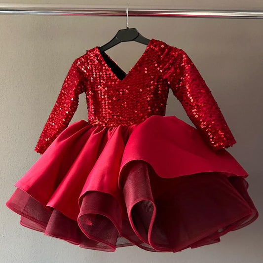 Red Girls' Sequin Ball Gown Dress with Tiered Skirt & Long Sleeves – Holiday Party & Birthday Outfits