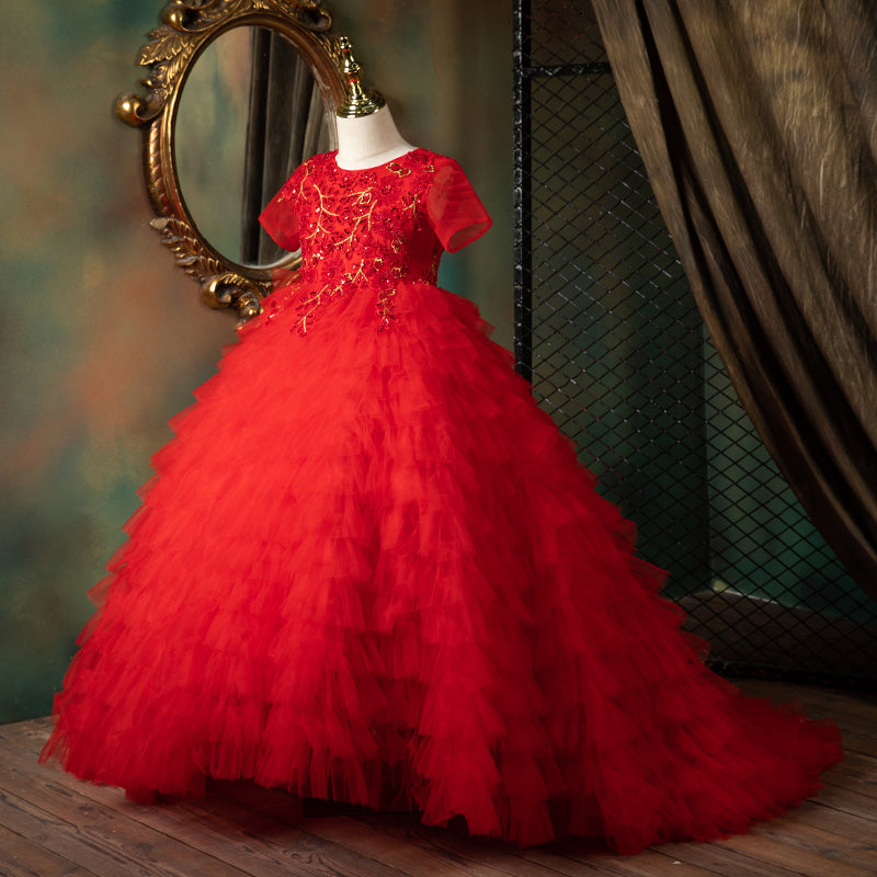 Red Sequined Tulle A-Line Flower Girl Dress Puff Sleeve